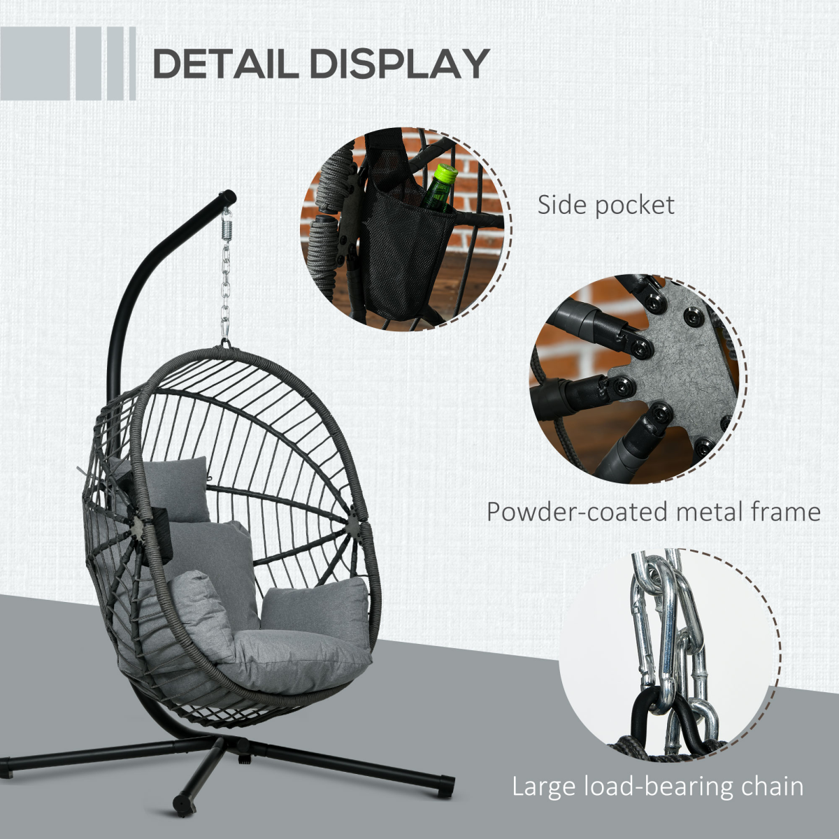 Outsunny Hanging Swing Chair w/ Thick Cushion, Patio Hanging Chair, Grey
