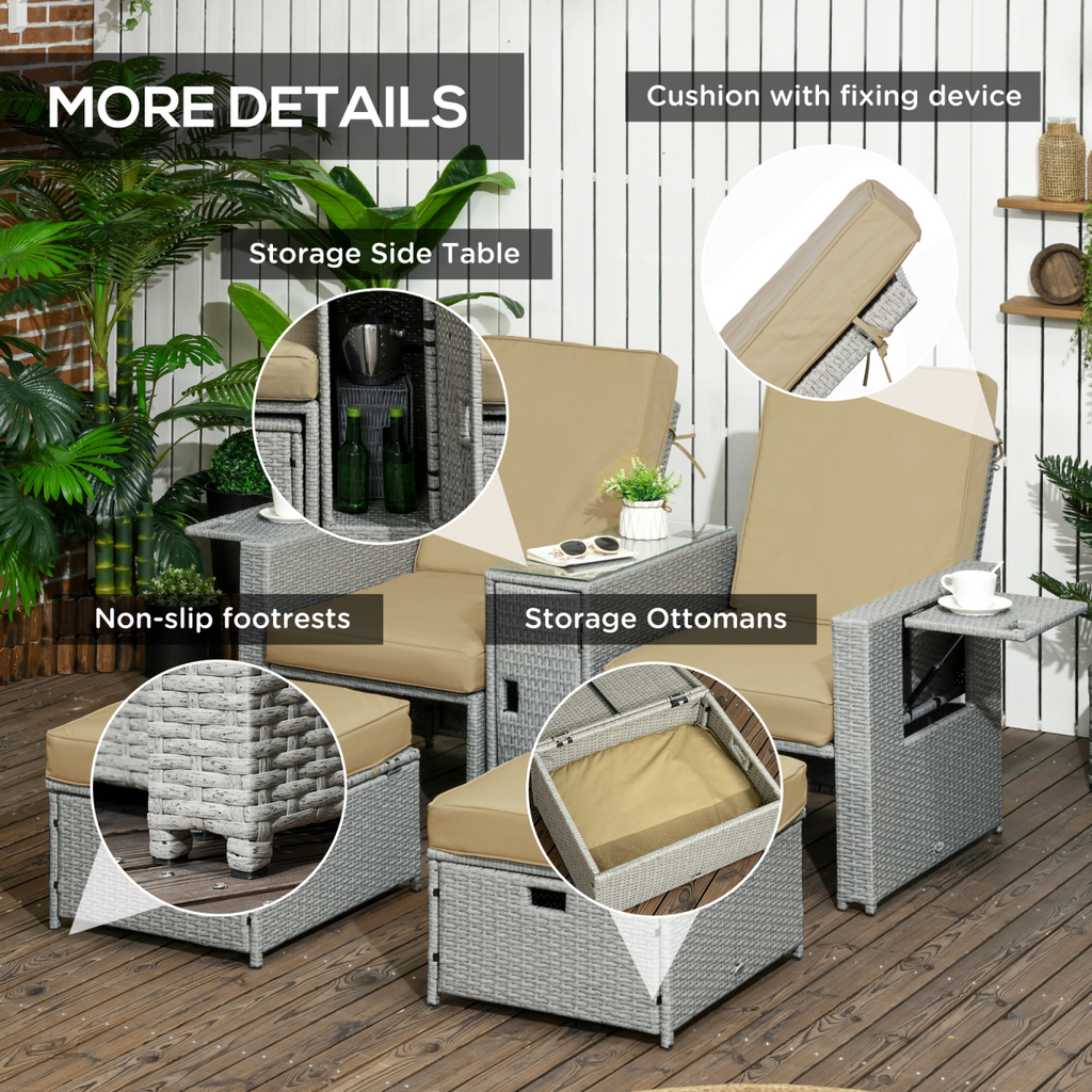 5-level Adjustable Rattan Sun Lounger w/ Storage Tea Table & Footstools, Beige
