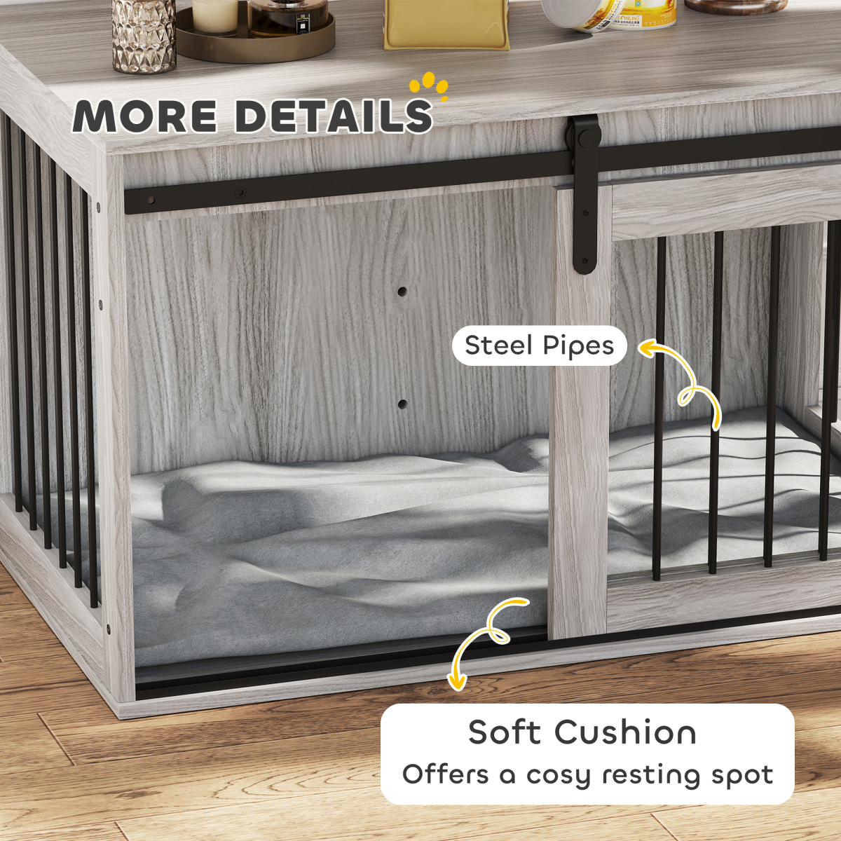 PawHut Dog Crate Furniture with Removable Cushion for Large Dogs - Grey
