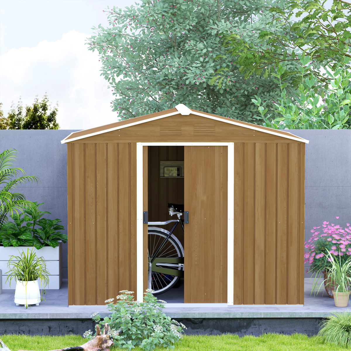 Outsunny 8 x 6ft Garden Storage Shed with Double Door Chocolate Wood Effect