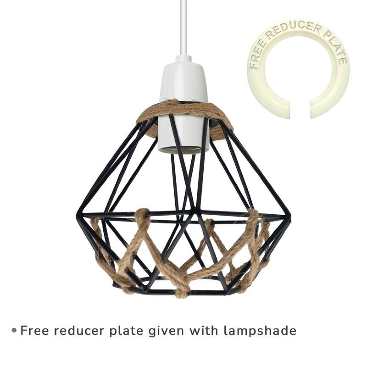 Vintage Black Farmhouse Diamond Hemp Rope Ball Lampshade with Reducer Ring~4586