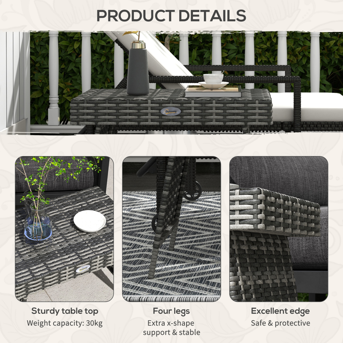 Outsunny Foldable Outdoor Coffee Table, Metal Frame Rattan Side Table, Grey