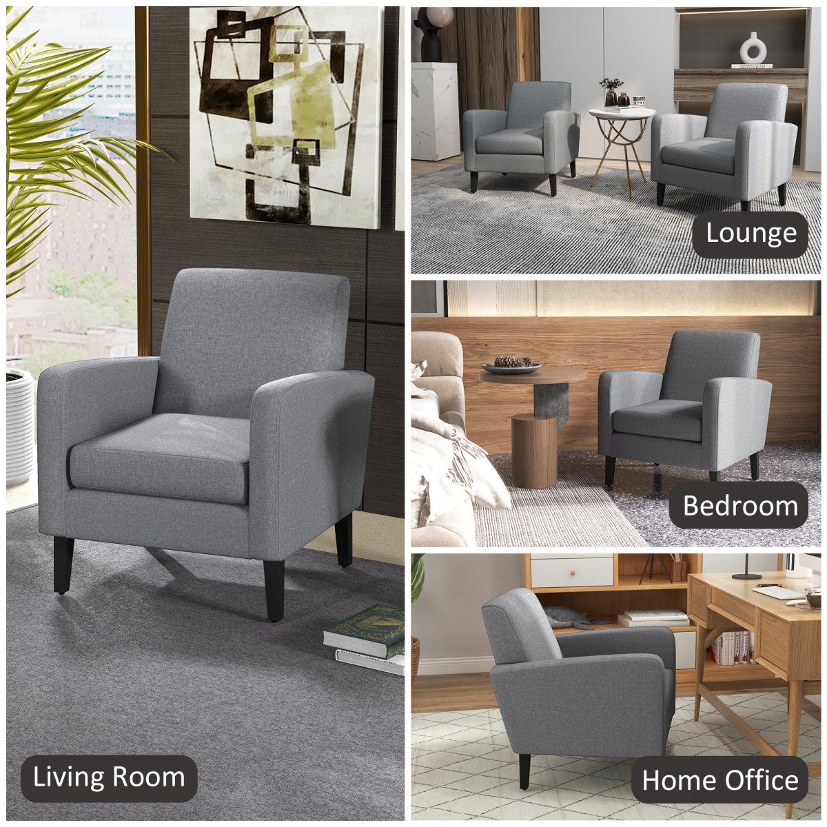 Linen Modern-Curved Armchair Accent Seat with Thick Cushion Wood Legs Grey