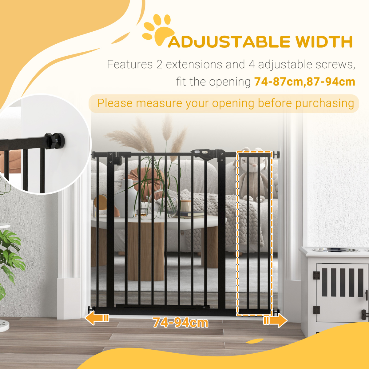 PawHut Adjustable Safety Gate with 1 Extensions and Four Adjustable Screws, Black