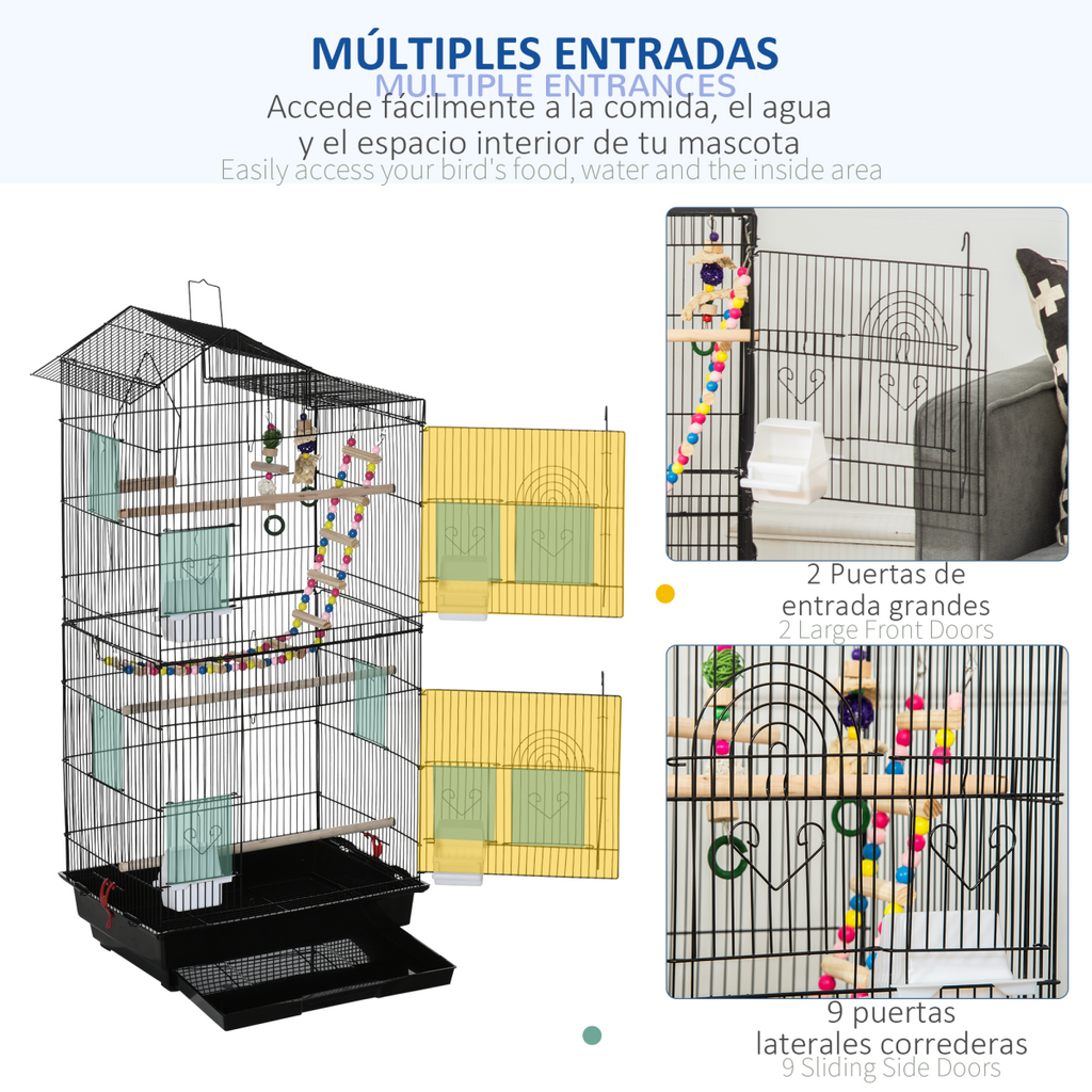 Metal Bird Cage for Budgies, Finches w/ Accessories, Toys, Tray, Handle - Black