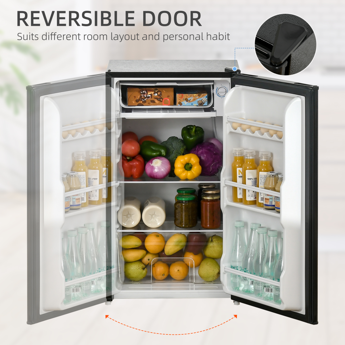 91L Freestanding Under Counter Fridge with Chiller Box Reversible Door Black