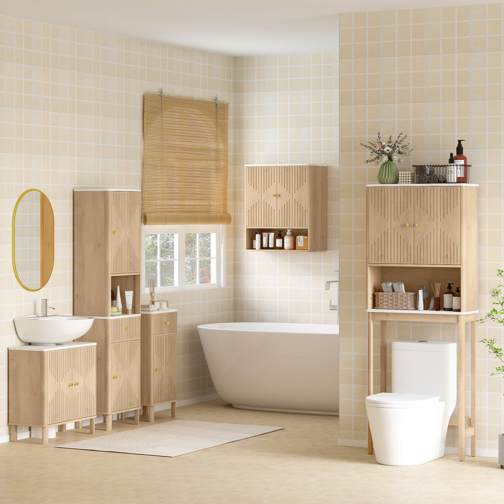HOMCOM Bathroom Wall Cabinet with Adjustable Shelf and Open Shelf, Oak