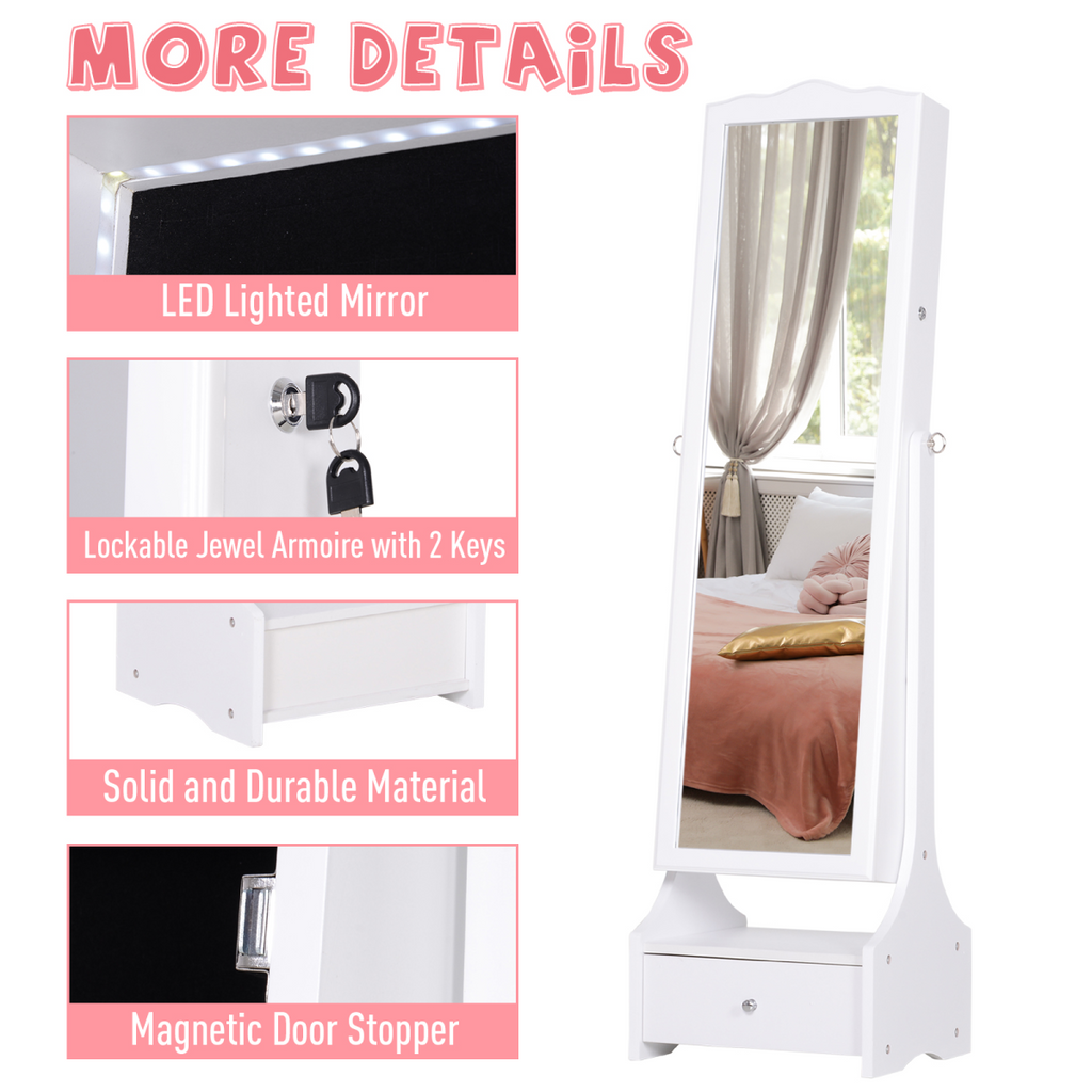 Mirrored Jewelry Cabinet Armoire Floor Standing  Lock, LED Light White