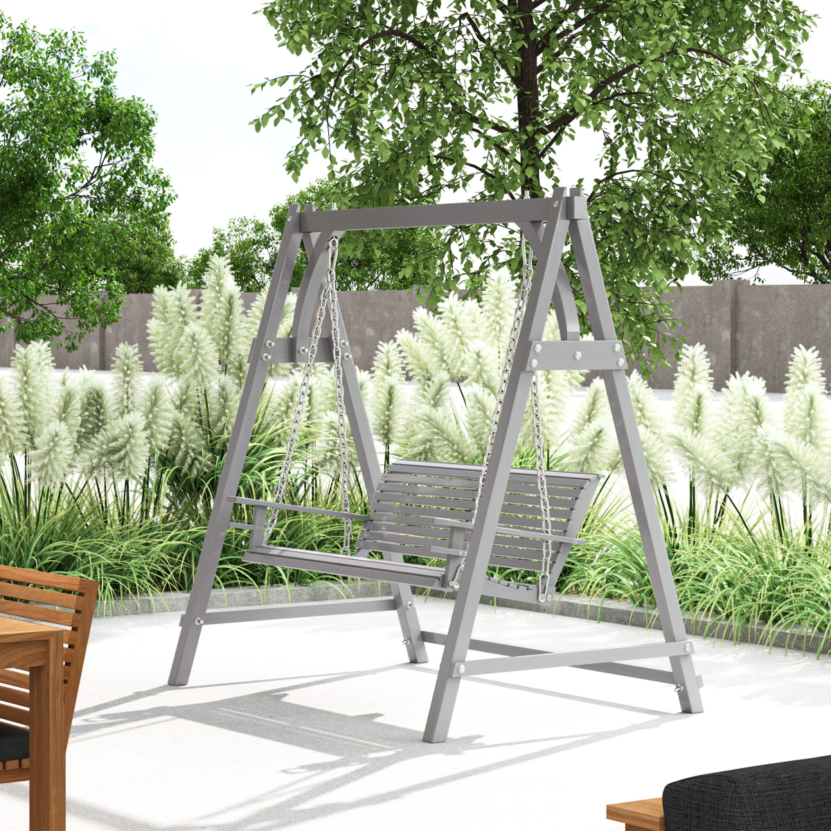 Outsunny 2 Seater Wooden Garden Swing Seat Hammock Bench Lounger, Grey