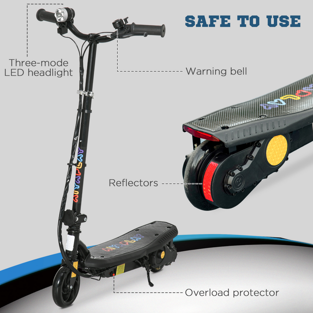 Folding Electric Scooter E-Scooter with LED Headlight, for Ages 7-14 Years - Black