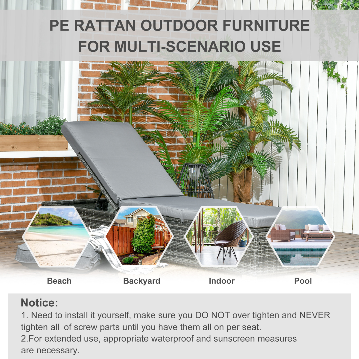 Outsunny Patio Rattan Chaise Lounge Garden Pool Wicker Sun Lounger Adjustable