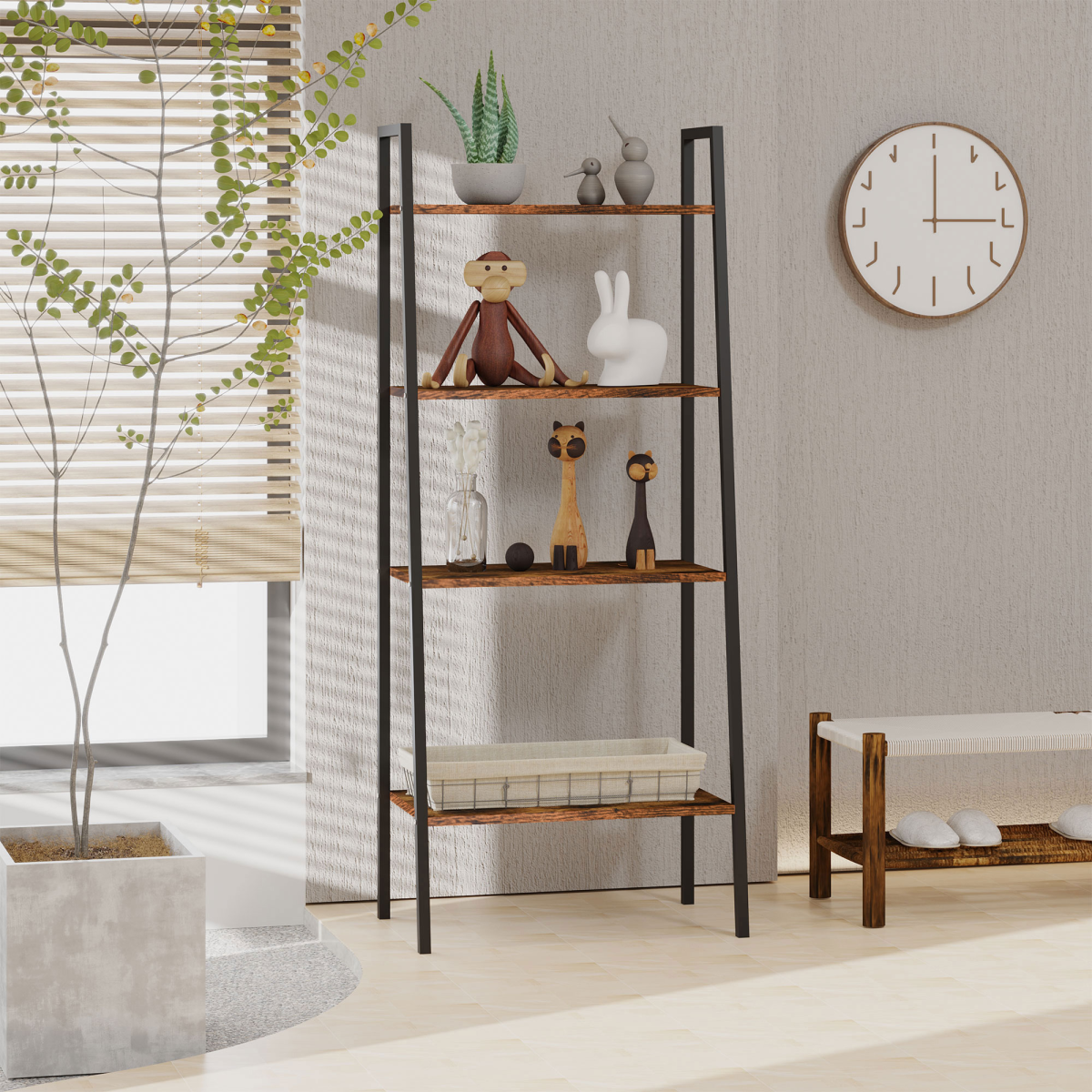4-Tier Minimalistic Ladder Shelf Unit Steel Frame Home Display Storage