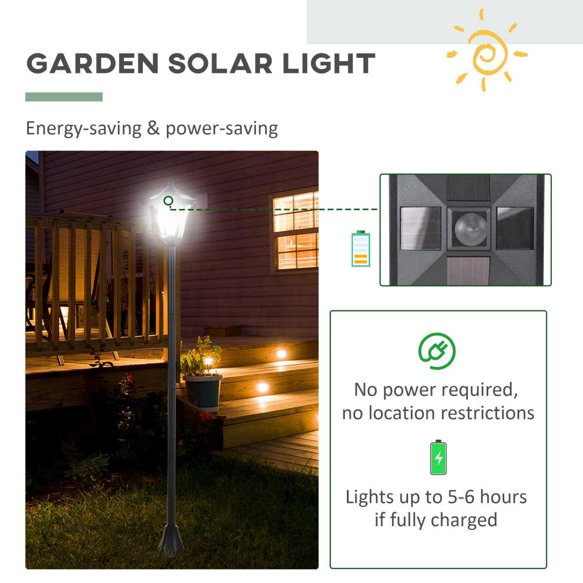 Outdoor Garden Solar Post Lamp Dimmable LED Lantern Bollard 1.2M Tall Black
