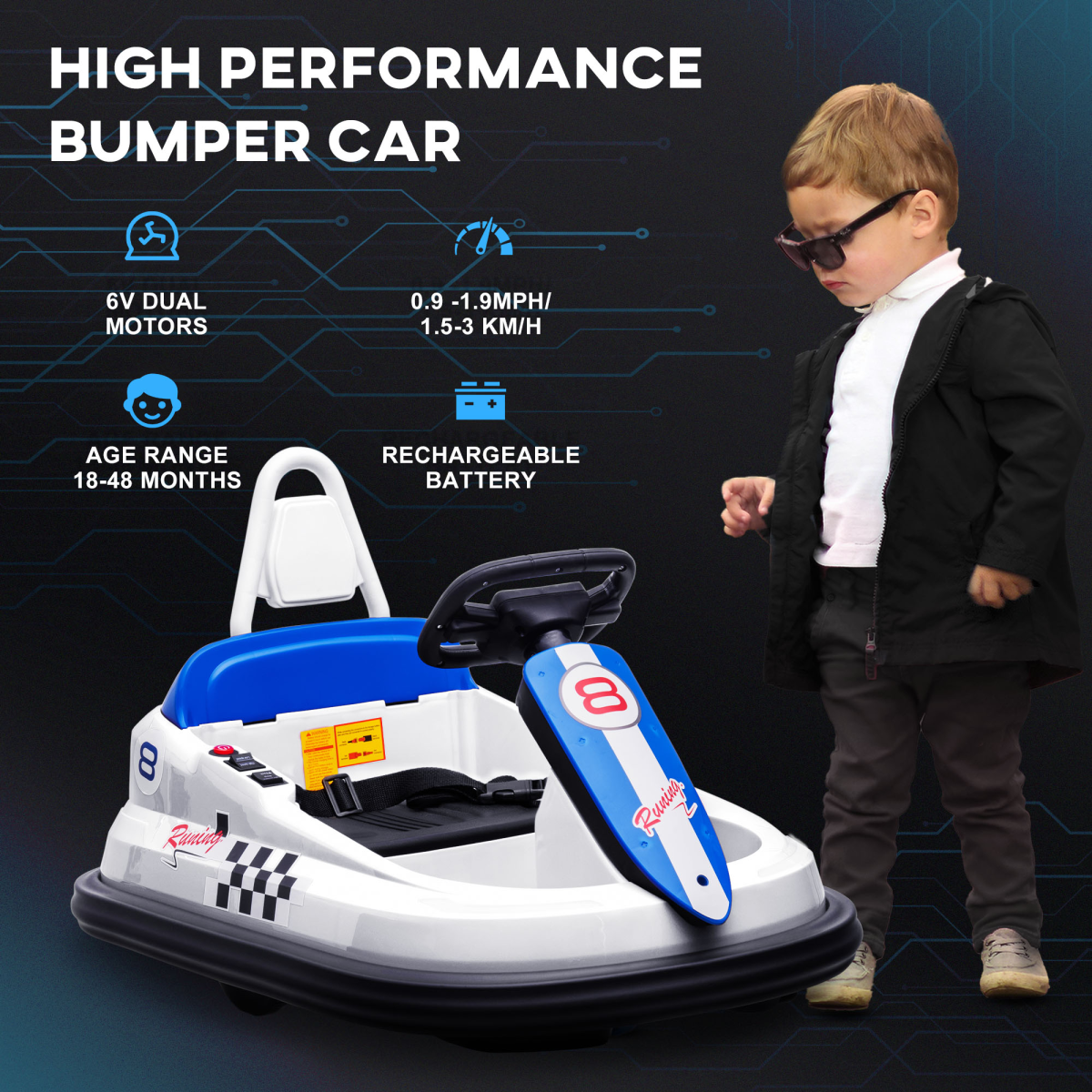 HOMCOM 6V Kids Bumper Car, 360-Degree Rotation Waltzer Car with 2 Speeds - White
