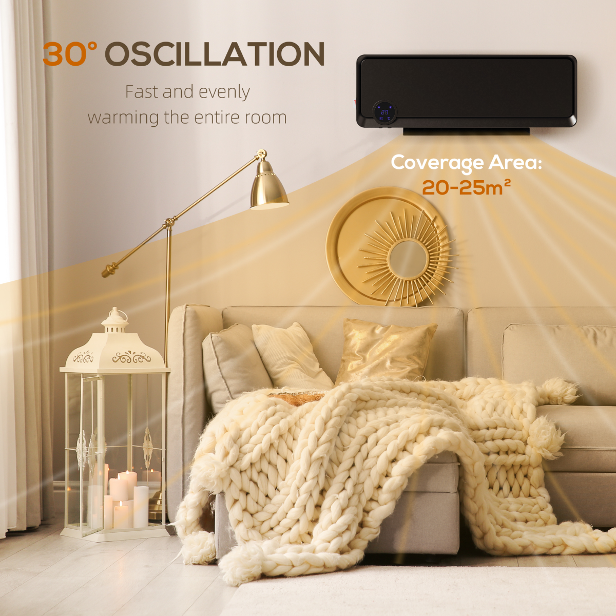 HOMCOM 1000W/2000W Wall Downflow Heater 10-49°C Temperature w/ Timer, Black