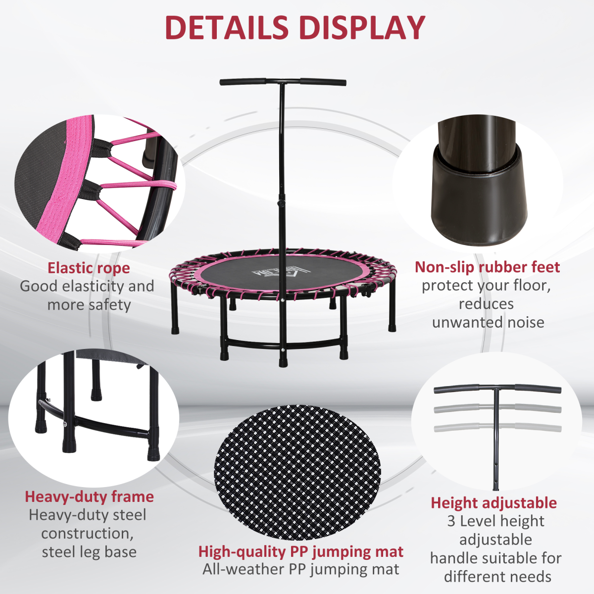Trampoline Outdoor Bouncer Jumper Adjustable Handle Adult Kid Pink HOMCOM
