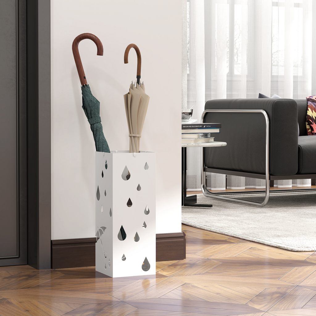 HOMCOM Metal Umbrella Stand, Square Umbrella Basket with 4 Hooks Drip Tray White
