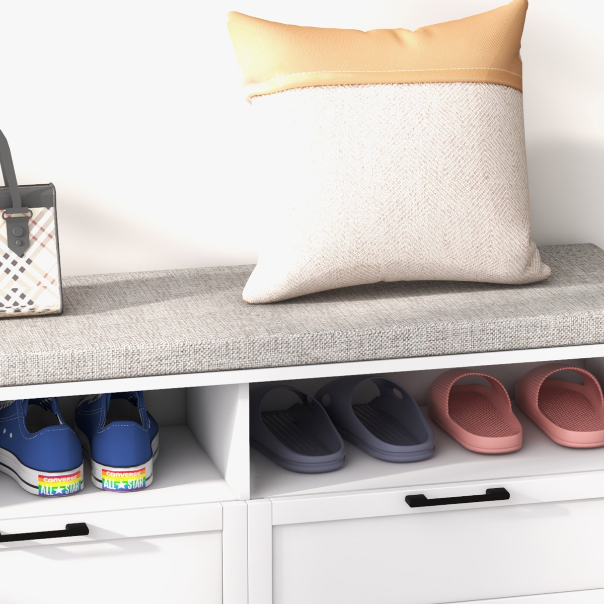 HOMCOM Shoe Bench with Removable Cushion, Open Compartments and Drawers