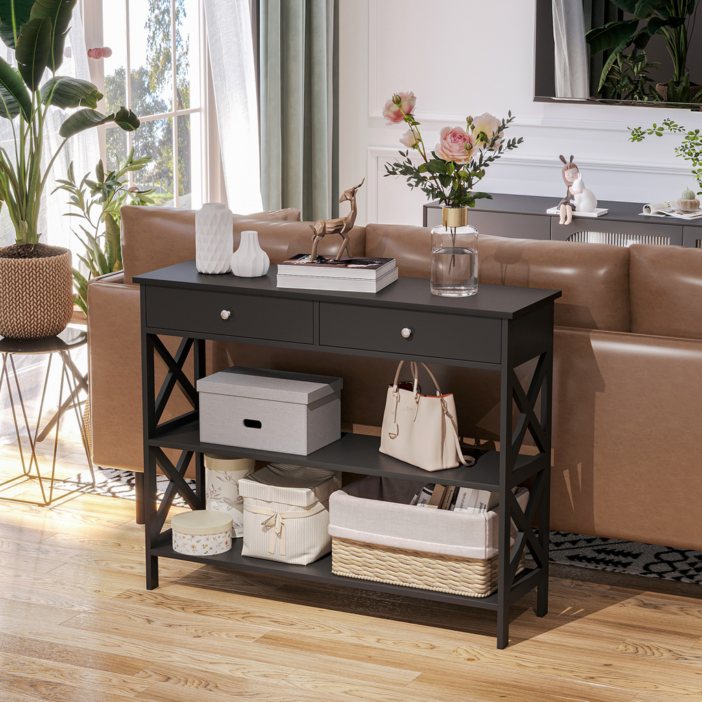 Console Table Side Desk Shelves Drawers Open Top Hallway Black