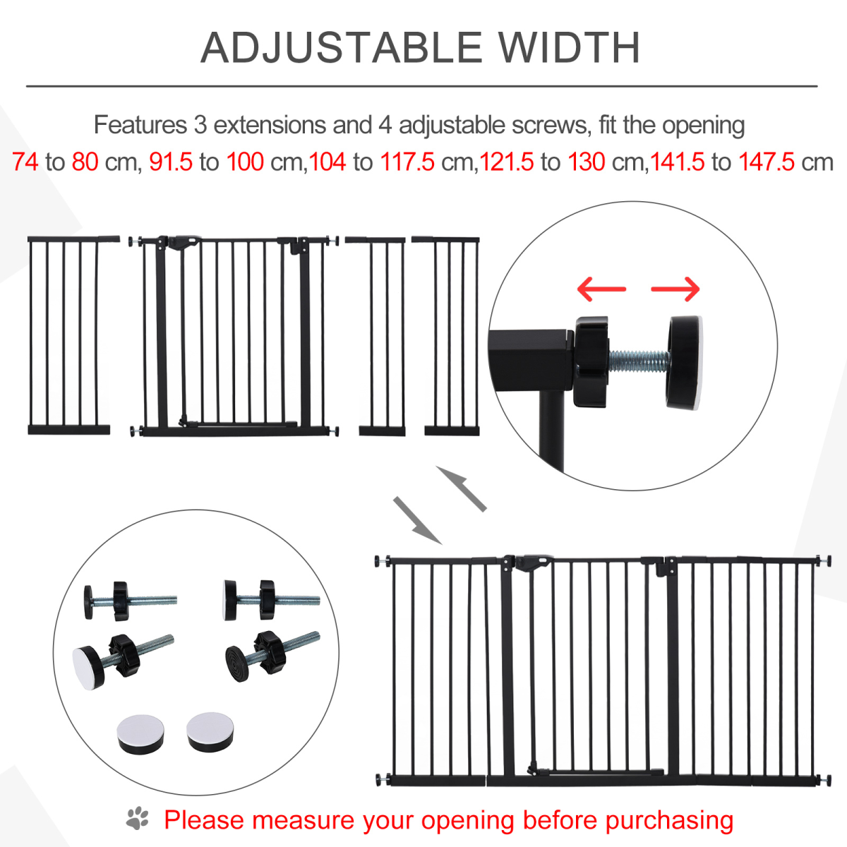 Adjustable Safety Gate 3 Extensions and Four Adjustable Screws, PawHut
