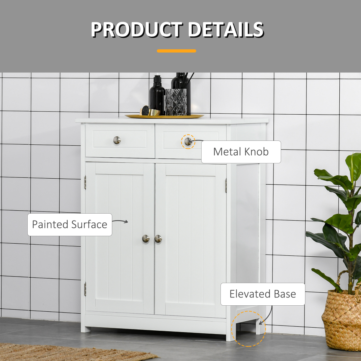 kleankin Bathroom Floor Storage Cabinet w/ 2 Drawers Door Cupboard White