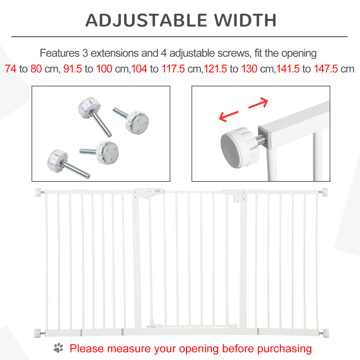 Adjustable Safety Gate 3 Extensions and Four Adjustable Screws, White PawHut