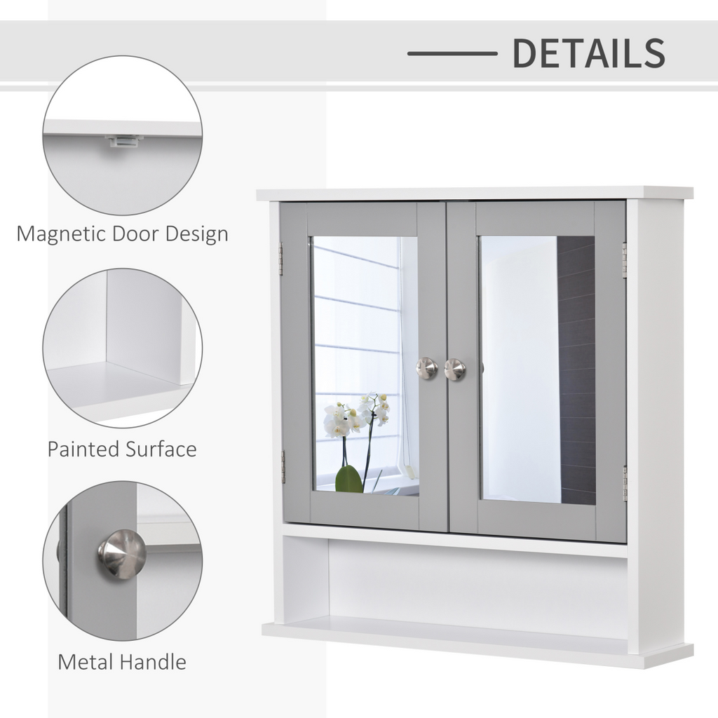 Mirror Cabinet Wall Mounted with Double Mirrored Doors, Hanging Cabinet, Grey