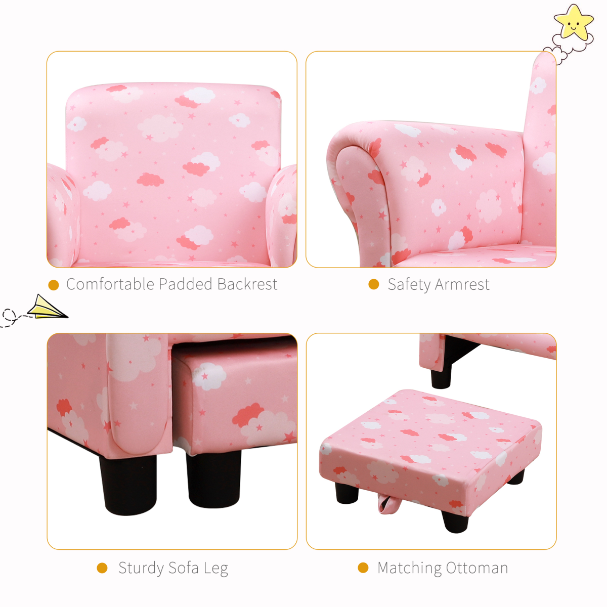 Cute Cloud Star Kids Children Armchair Mini Seat Wood with Footrest Padding Pink