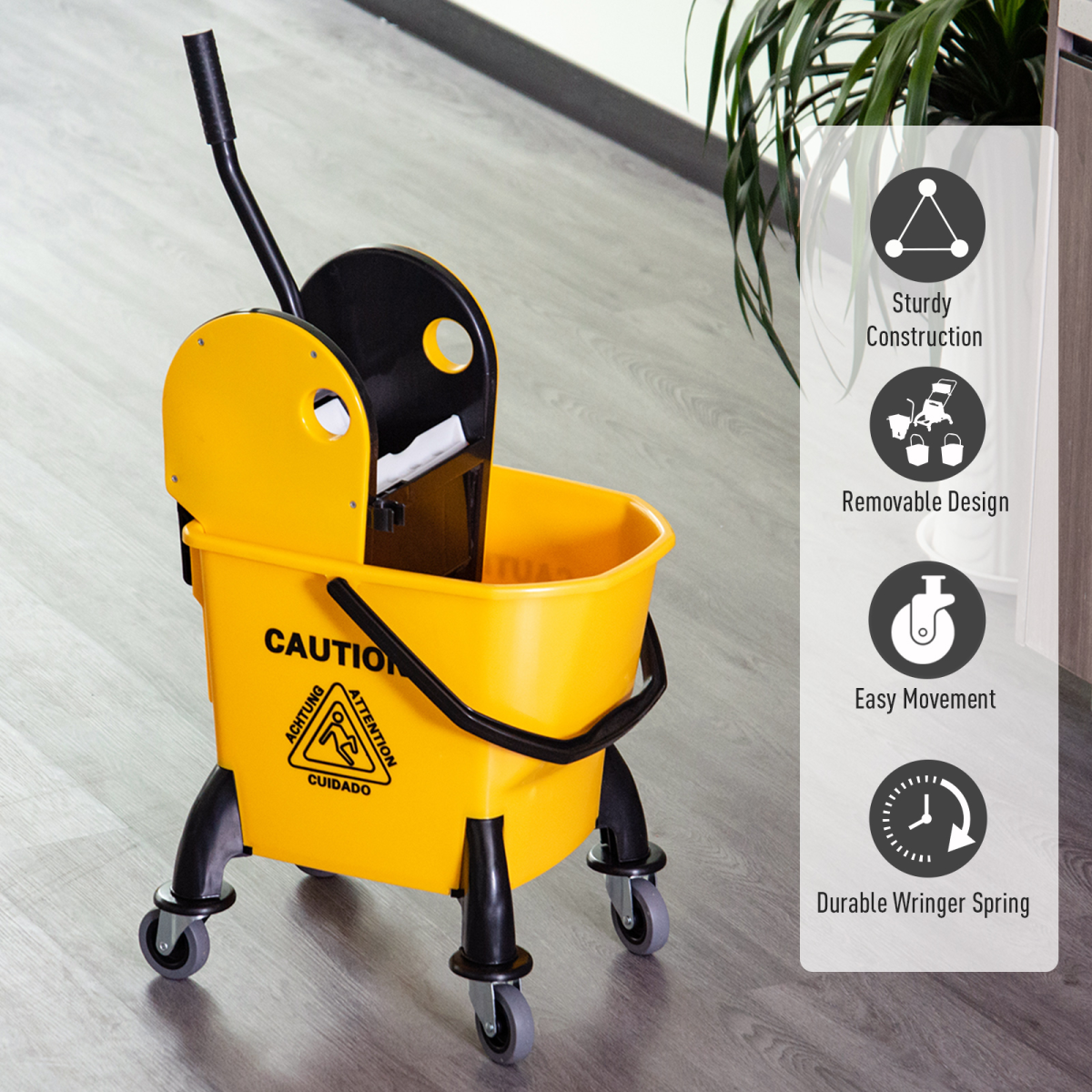 26L Mop Bucket & Water Wringer Wheels Plastic Body Metal Handle Yellow