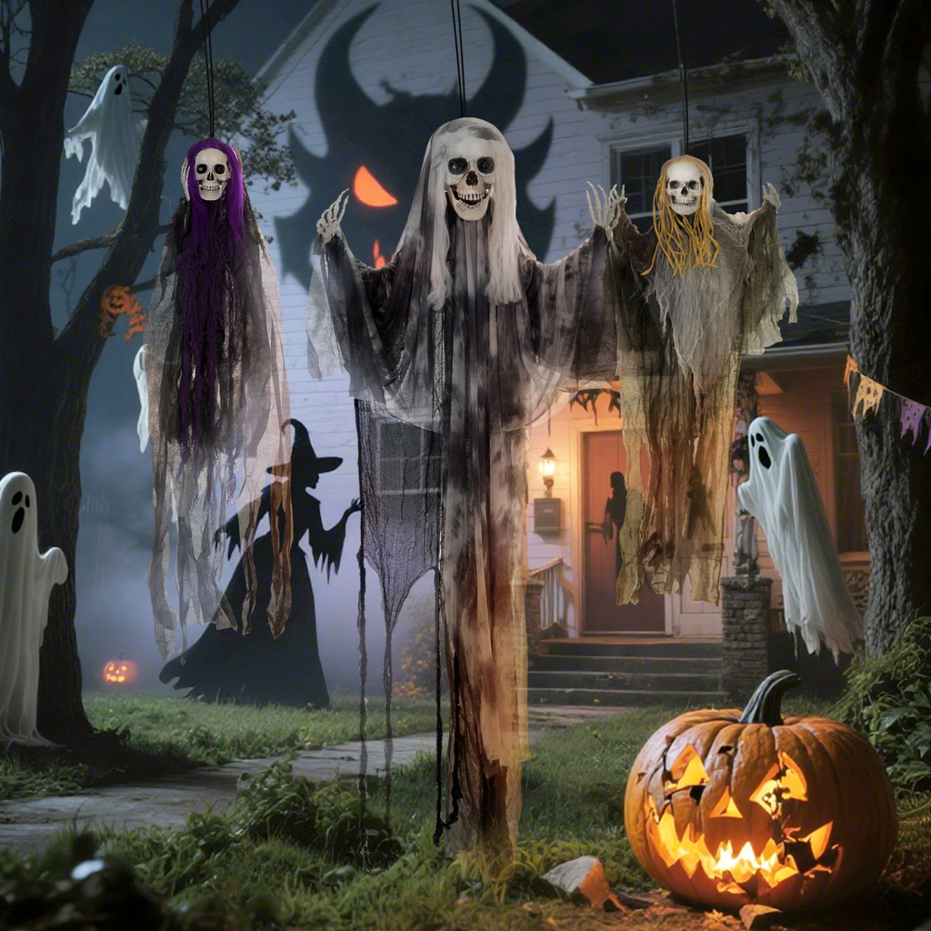 HOMCOM Set of 3 Hanging Skeleton, Flying Ghost Halloween Decorations