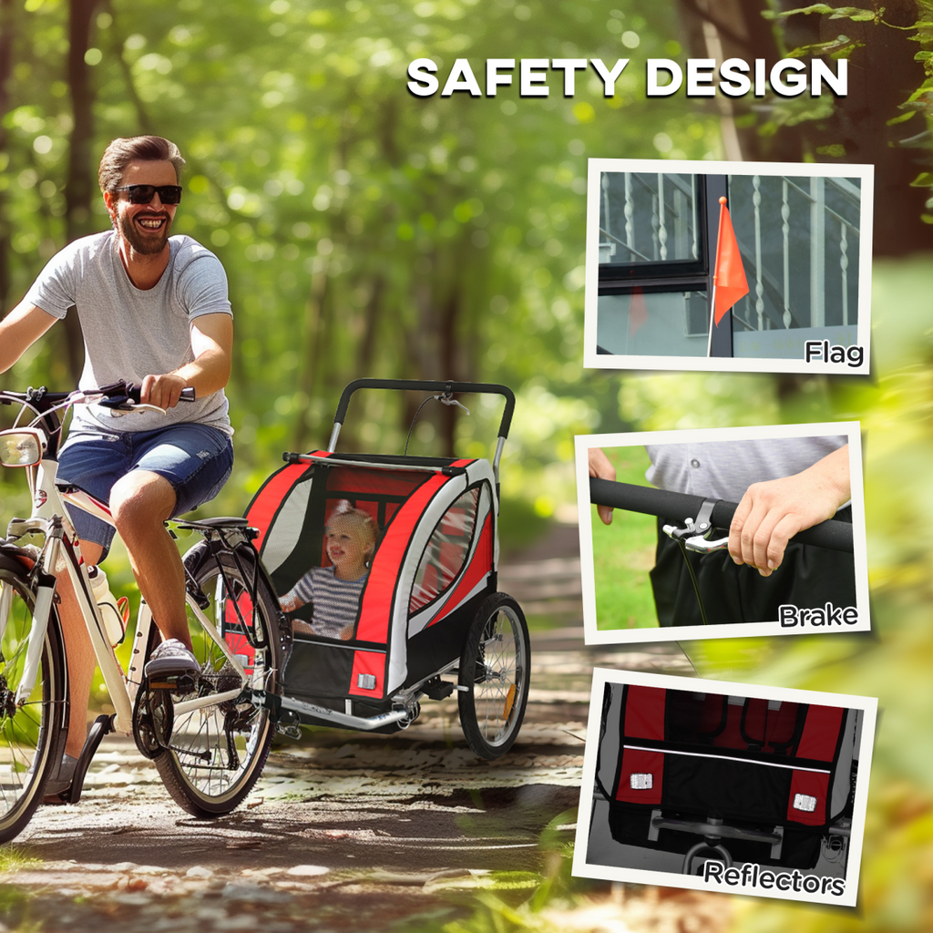 HOMCOM 2 Seat Child Bike Trailer, Baby Bicycle Trailer for 2 Kids, Red