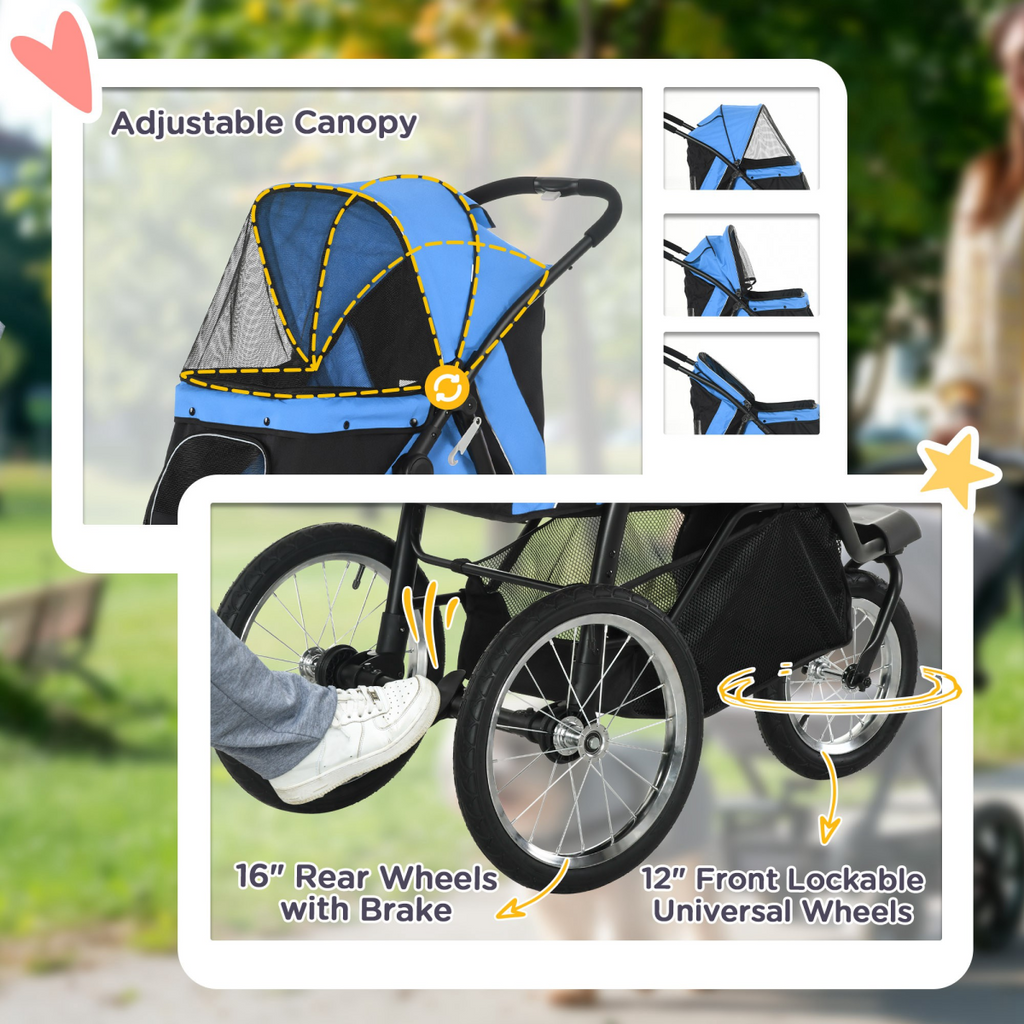 3 Wheel Pet Stroller, for Medium Small Dogs, Foldable Cat Pram - Blue