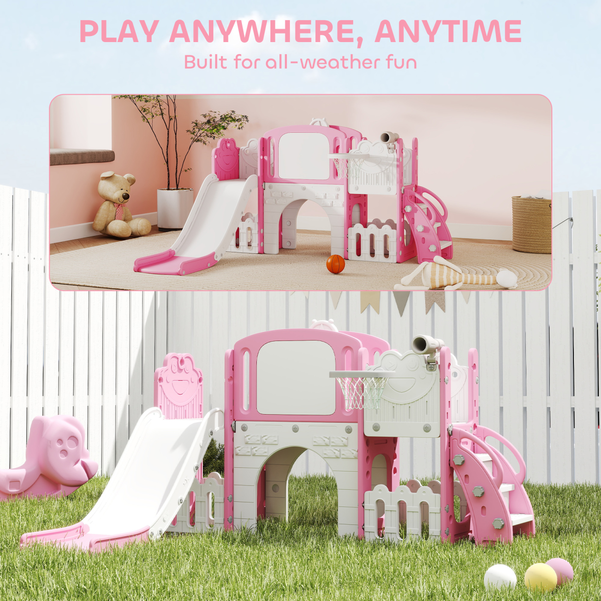 AIYAPLAY 7 in 1 Toddler Slide Set, Frog Theme Playset with Basketball Hoop