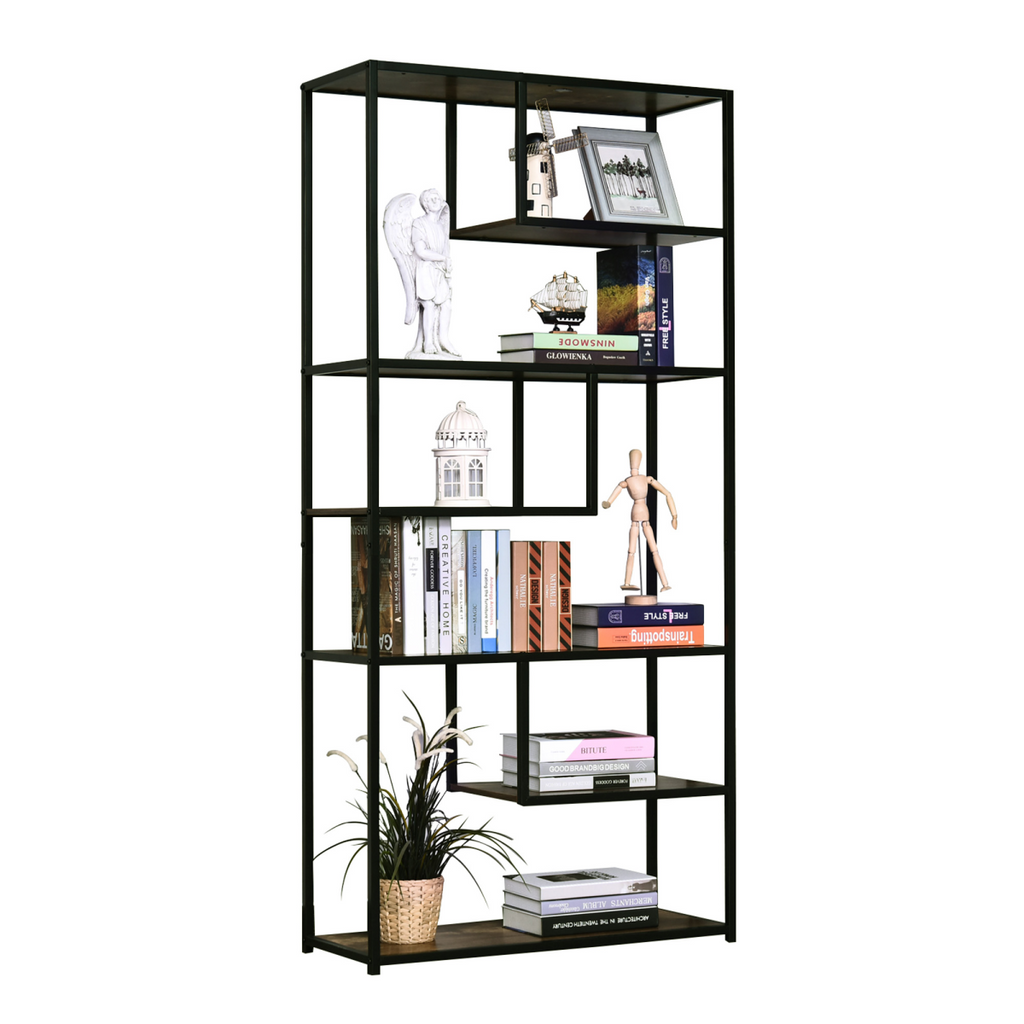 Wood Bookshelf Industrial Style Stand 6-Tier Living Room Display Rack Organiser