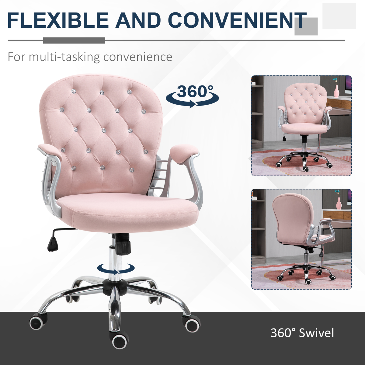 Office Chair Luxury Velour Diamond Tufted Padded Ergonomic 360 – Swivel Pink
