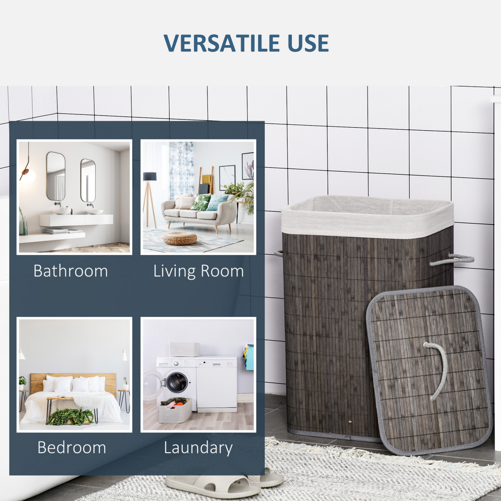 Bamboo Laundry Basket with Flip Lid Foldable, Grey Handles Lining