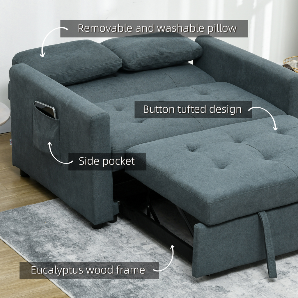 HOMCOM 2 Seater Sofa Bed Convertible Bed Settee with Cushions, Pockets, Grey