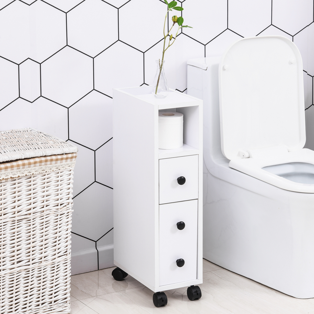 Slimline Bathroom Storage Unit with 2 Drawers 2 Open Compartments Wheels White