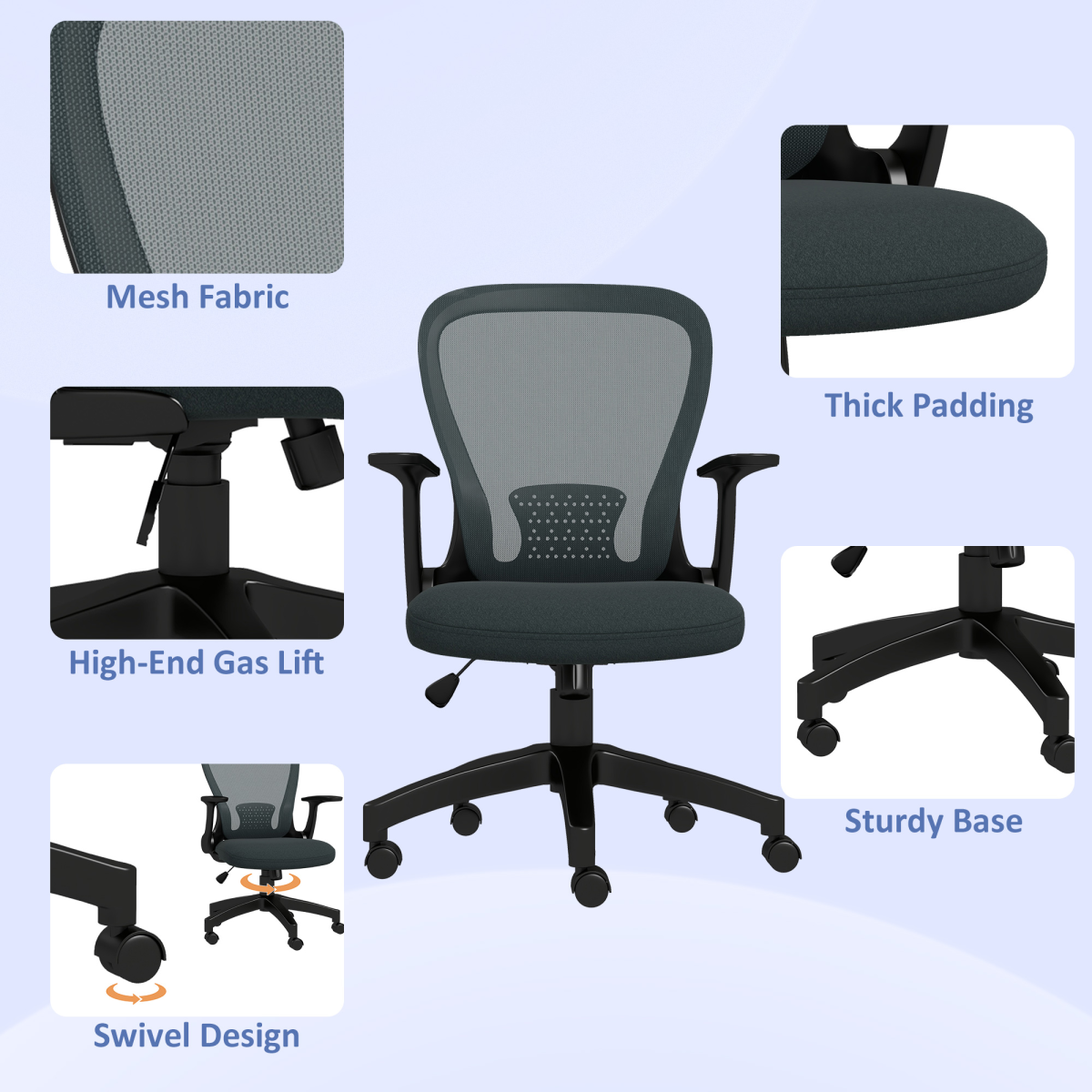 Vinsetto Mesh Office Chair, Computer Chair with Adjustable Armrest, Grey