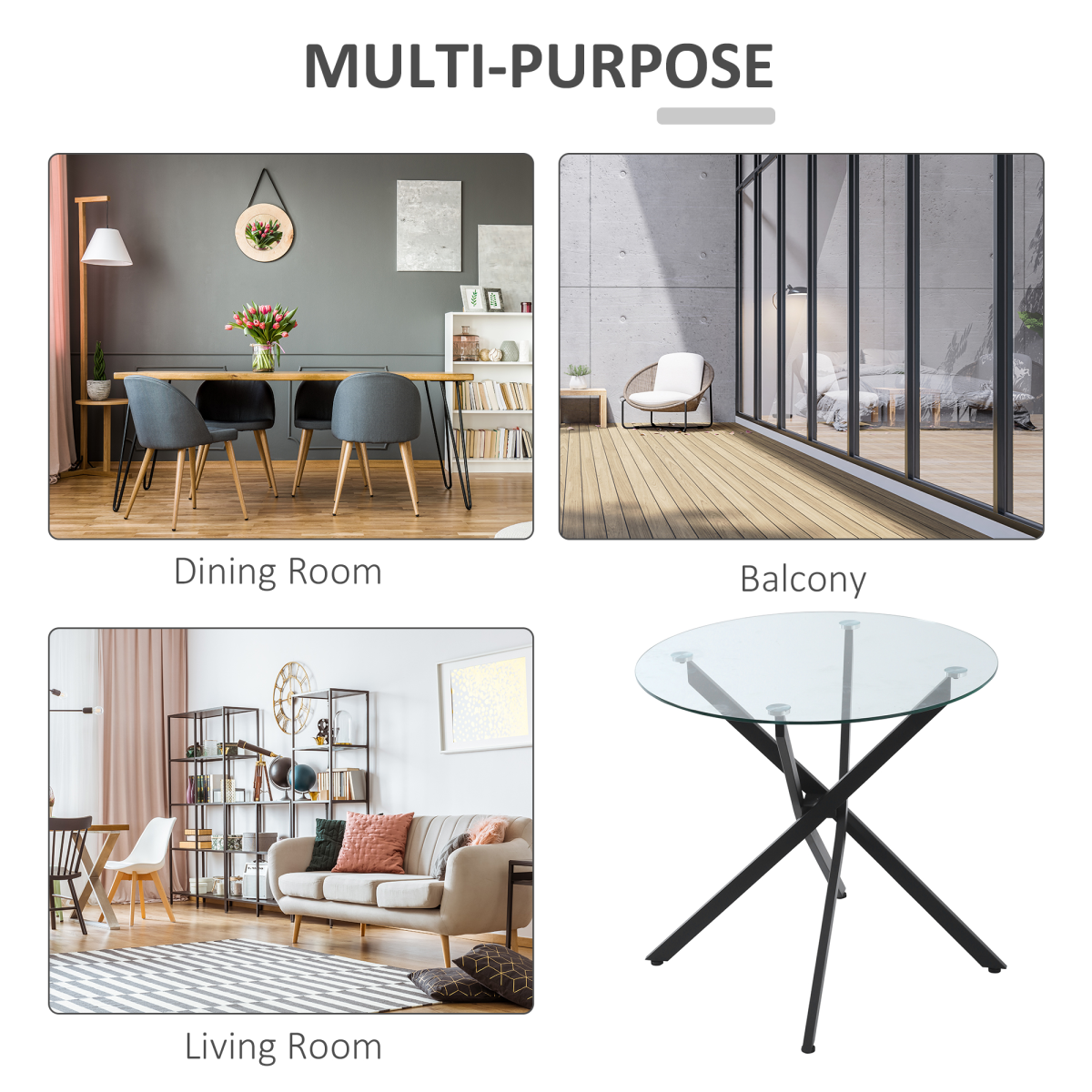 HOMCOM Clear Glass Side Table Round Metal Dining Table Dining Black
