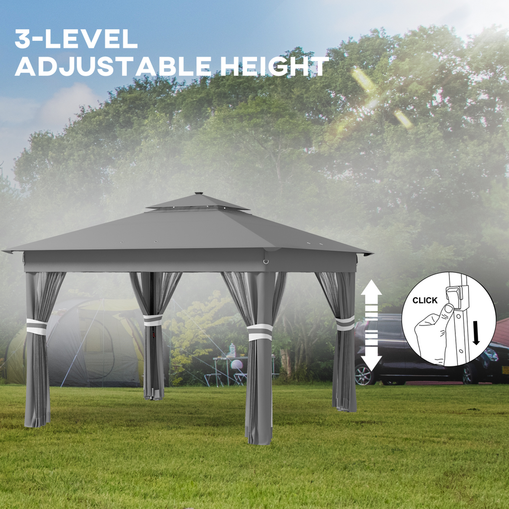 Outsunny 3x3(m) Pop Up Gazebo w/ Solar-Powered LED Lights Curtain Netting Grey