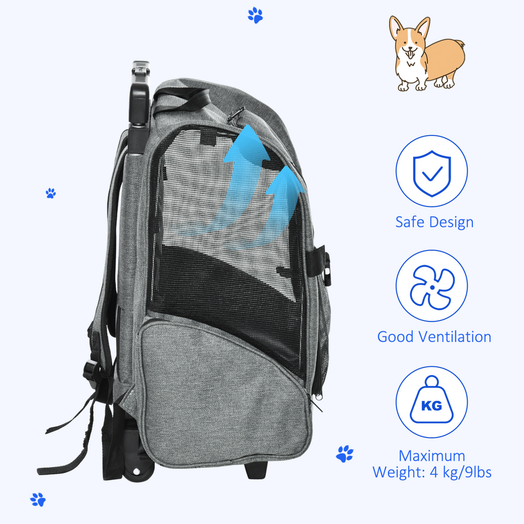 Pet Travel Backpack Bag Cat Dog Carrier w/ Trolley and Telescopic Wheel Grey