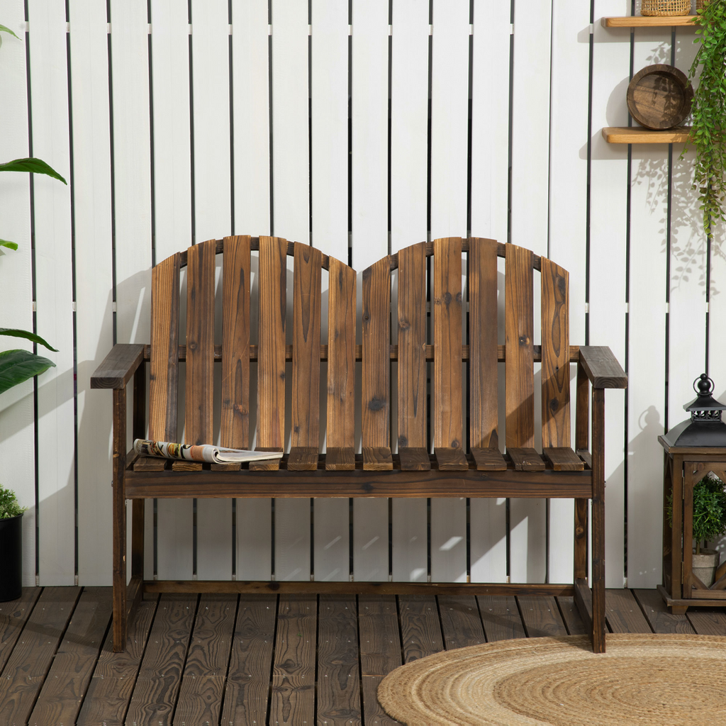 Outdoor Wooden Bench for Two People, Patio Loveseat Chair with Slatted Backrest