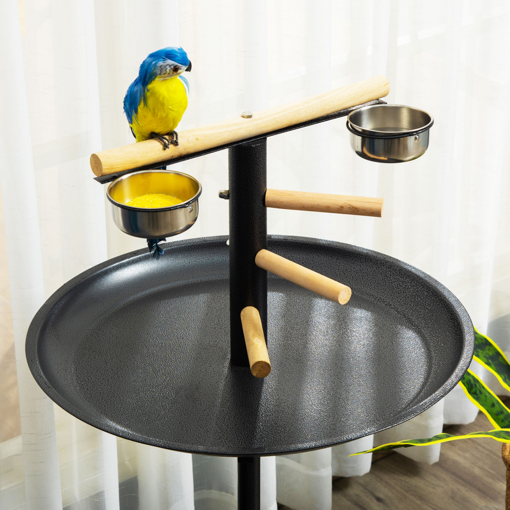 Bird Play Stand Portable Feeder Station w/ Wooden Perches, Stainless Steel Bowls