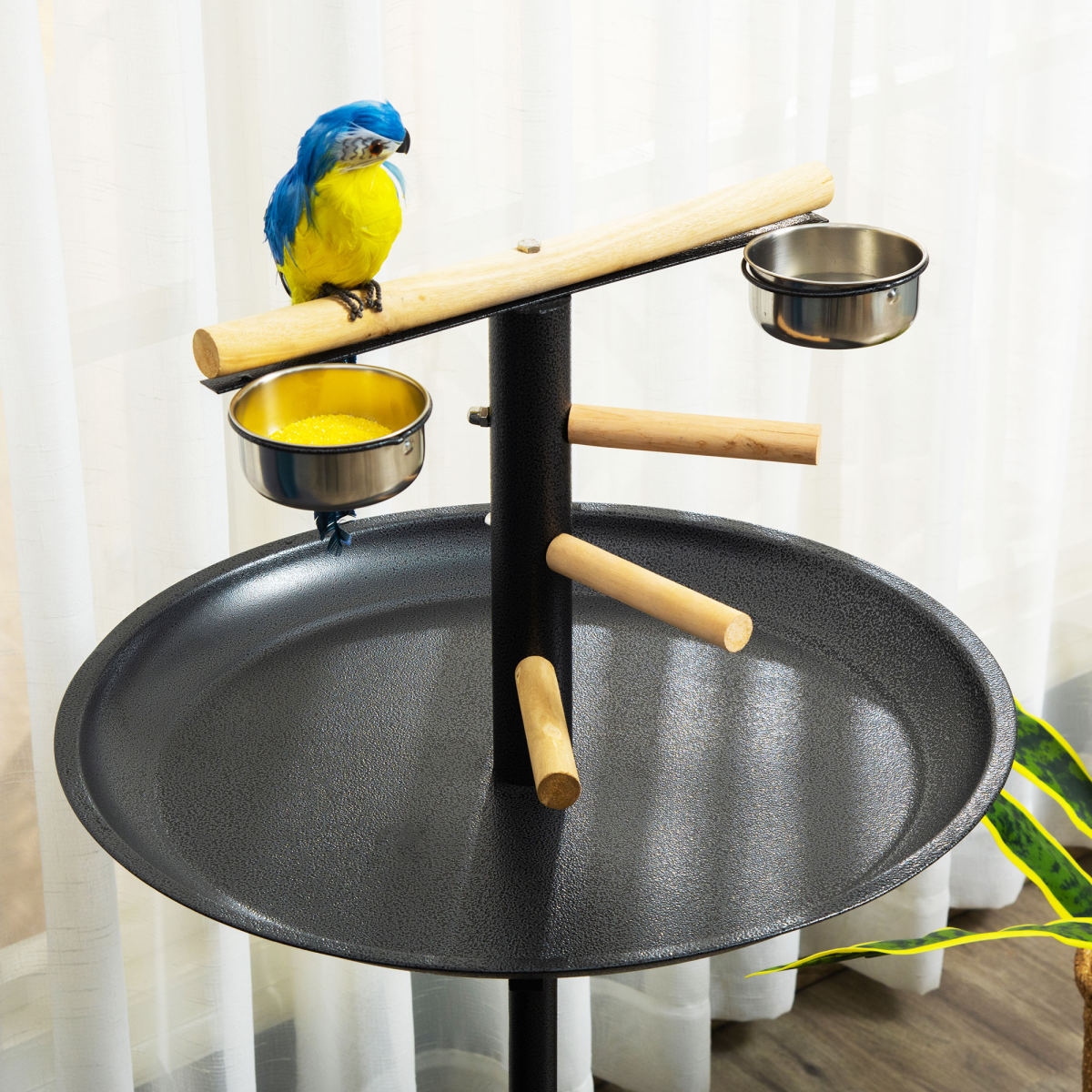 Bird Play Stand Portable Feeder Station w/ Wooden Perches, Stainless Steel Bowls