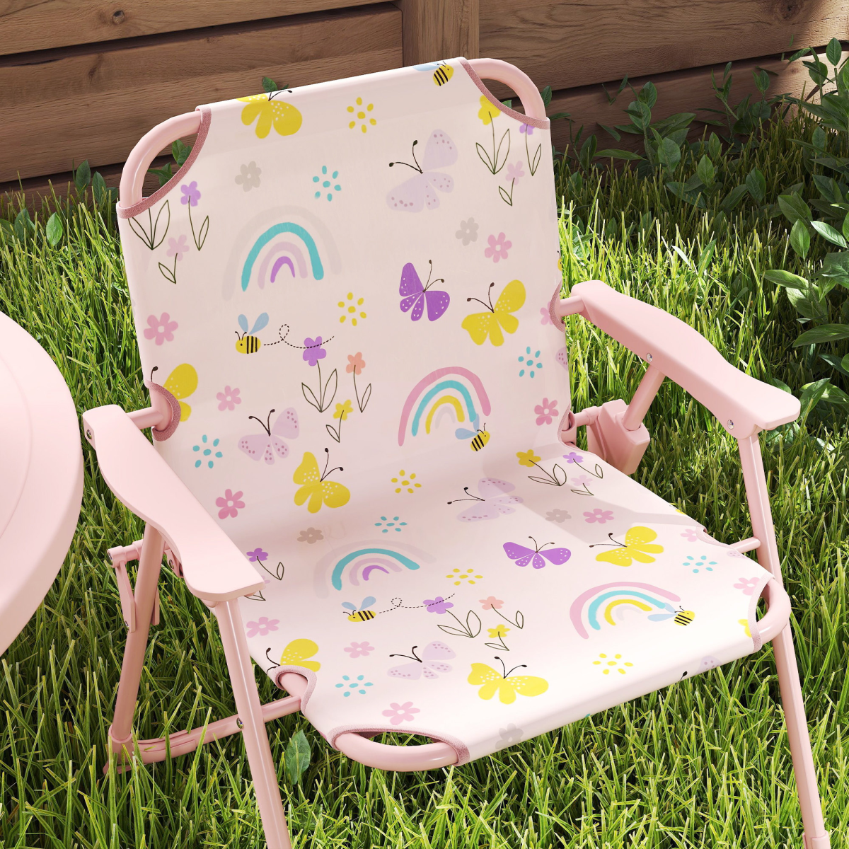 AIYAPLAY Kids Garden Table and Chair Set, Outdoor Patio Set w/ Parasol, Pink