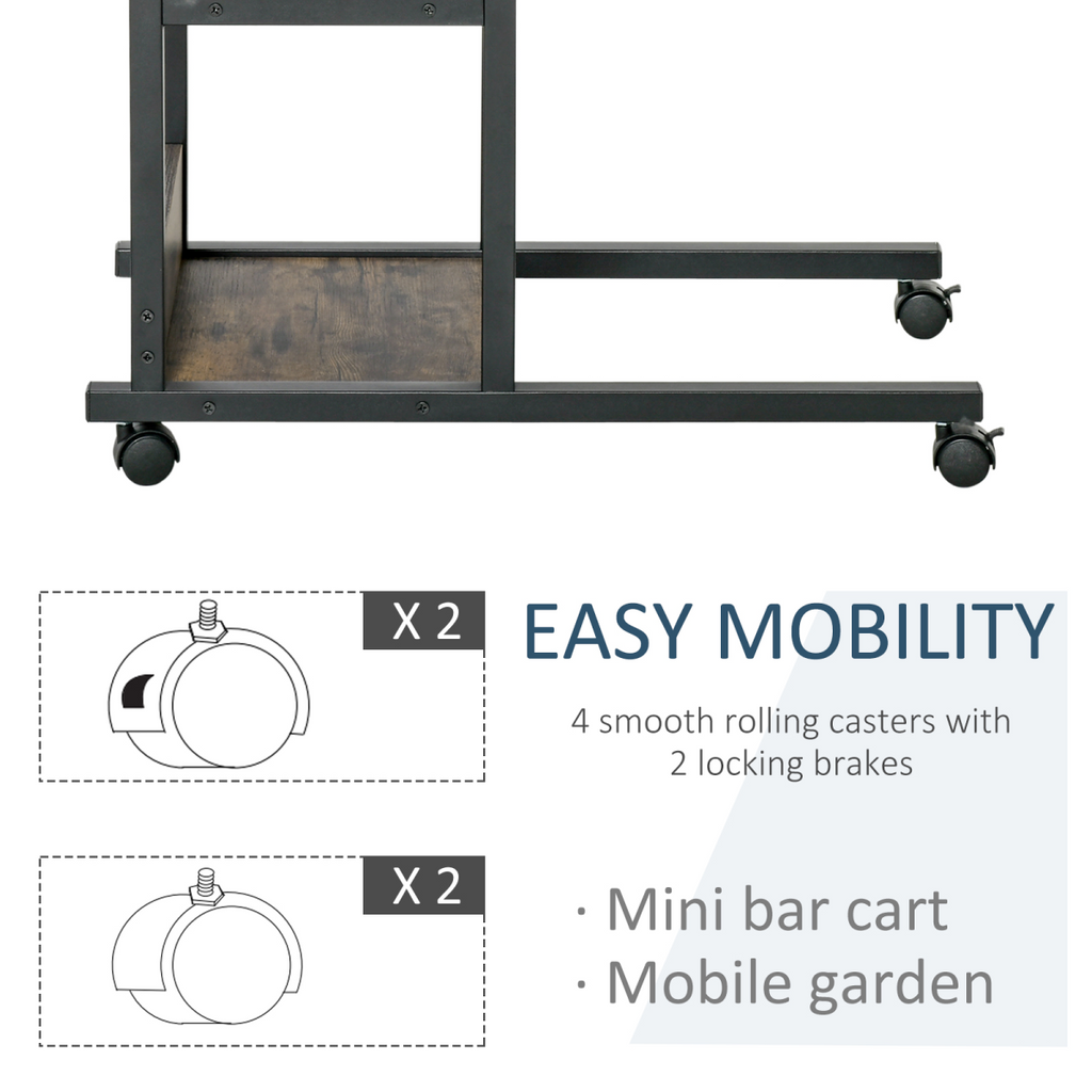 C-Shaped Mobile Sofa Bed Side Table Adjust Height 3-Tier Cart w/ Brake
