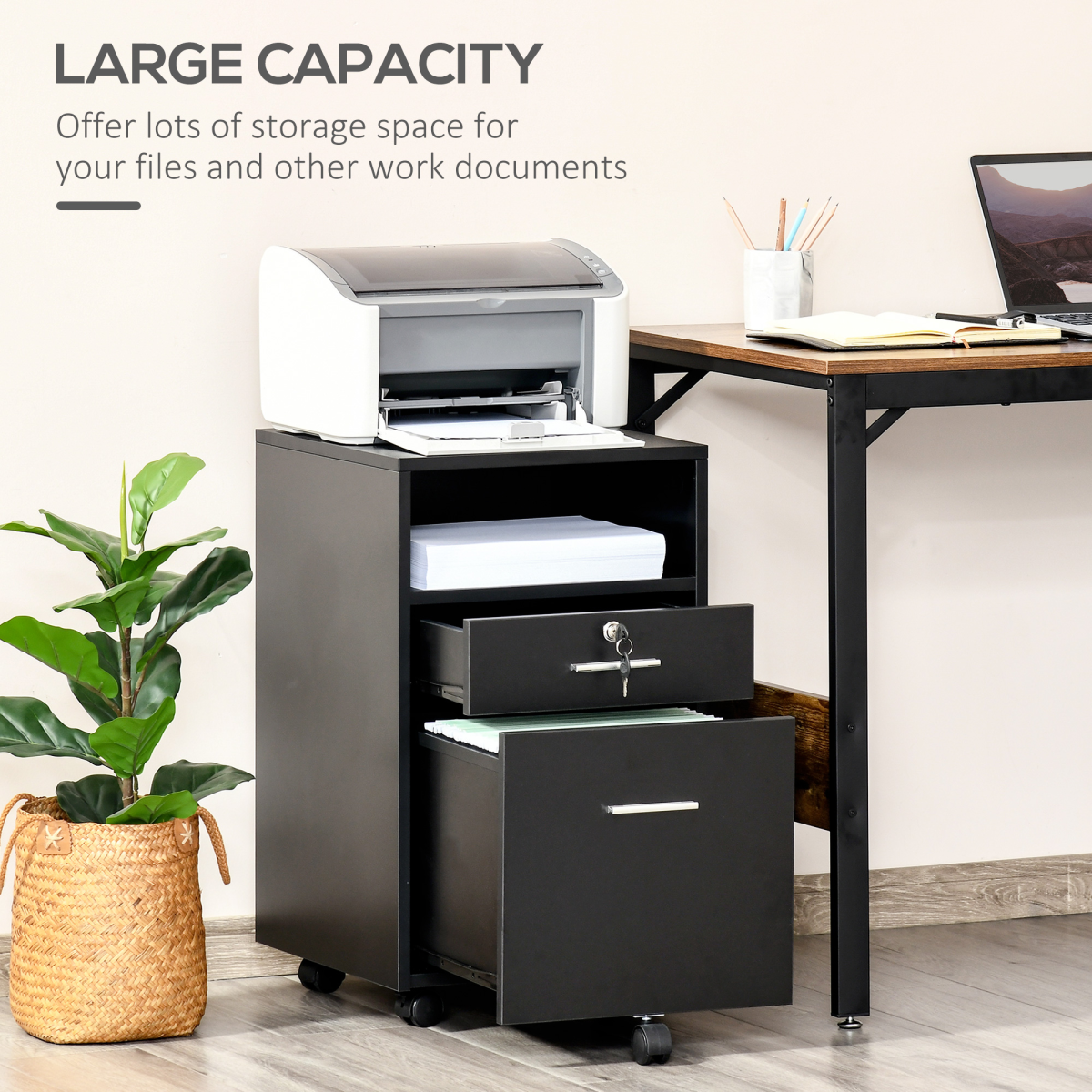 Mobile File Cabinet Lockable Documents Storage w/ 5 Wheels Black Vinsetto