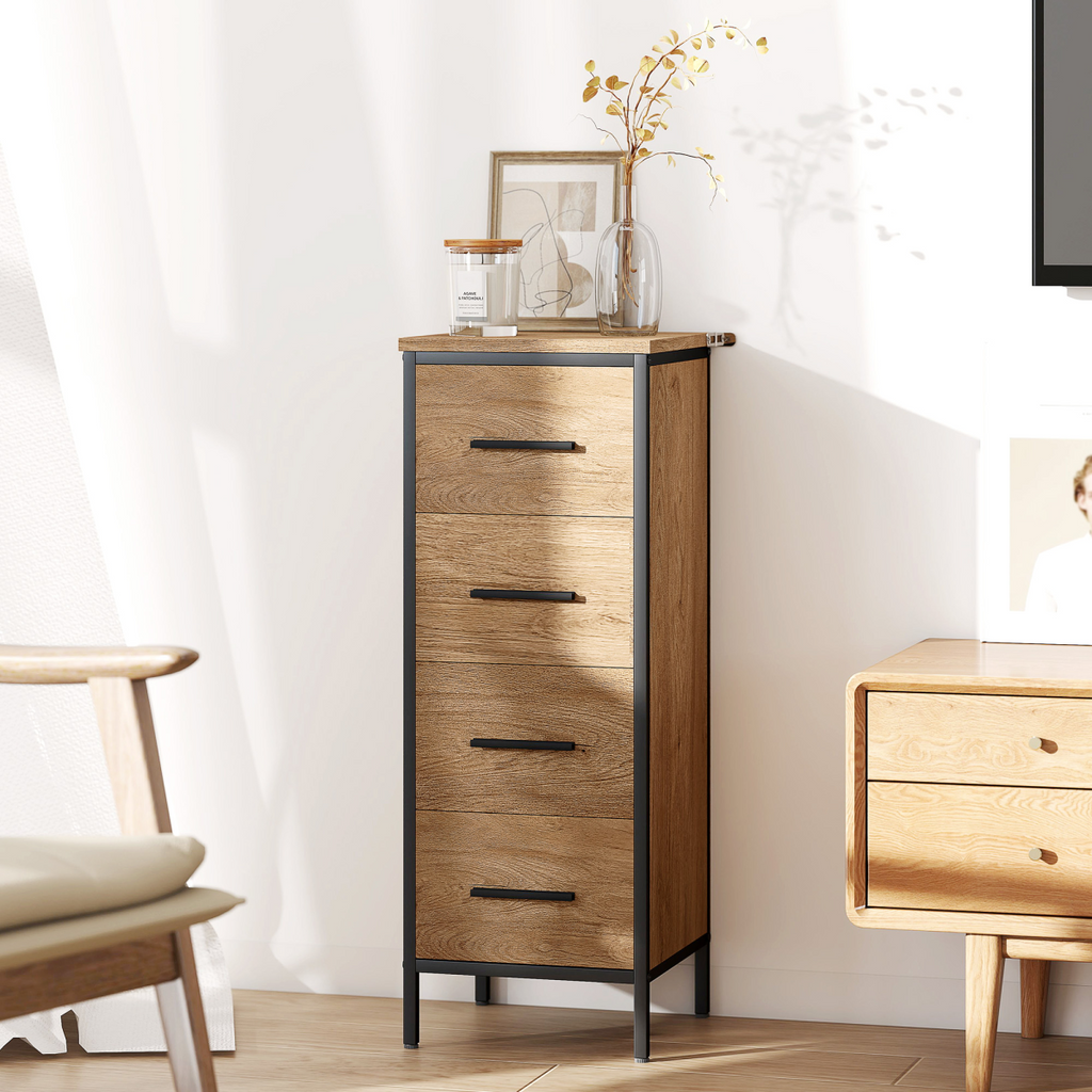 HOMCOM Narrow Bathroom Storage Cabinet with 4 Drawers for Small Spaces, Oak