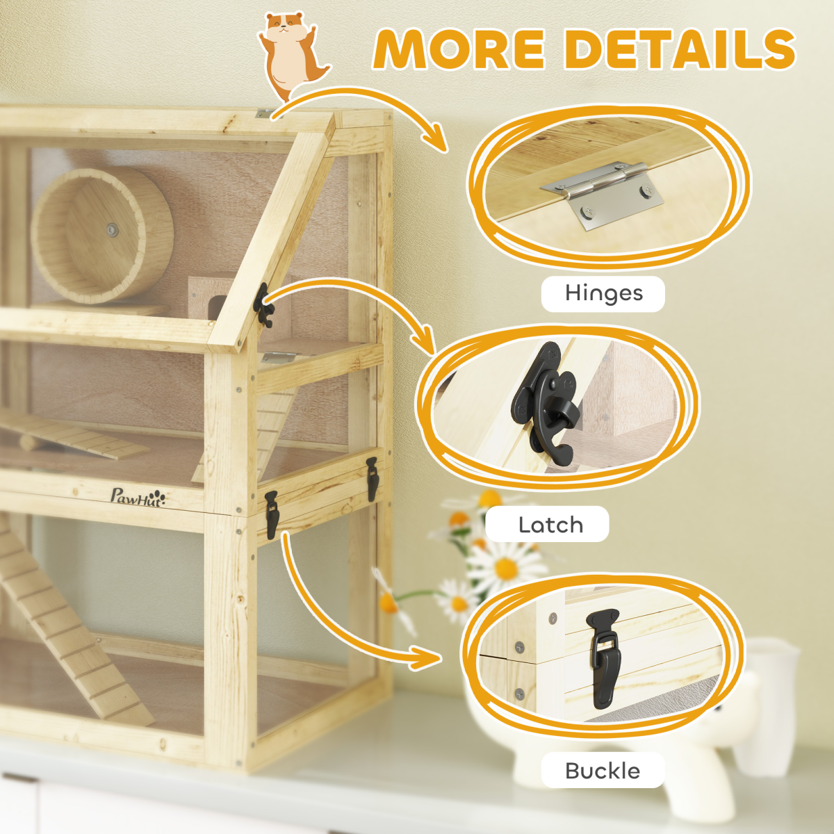 PawHut Wooden Hamster Cage w/ Detachable Bottom, Hut, Seesaw, 60 x 40 x 75cm